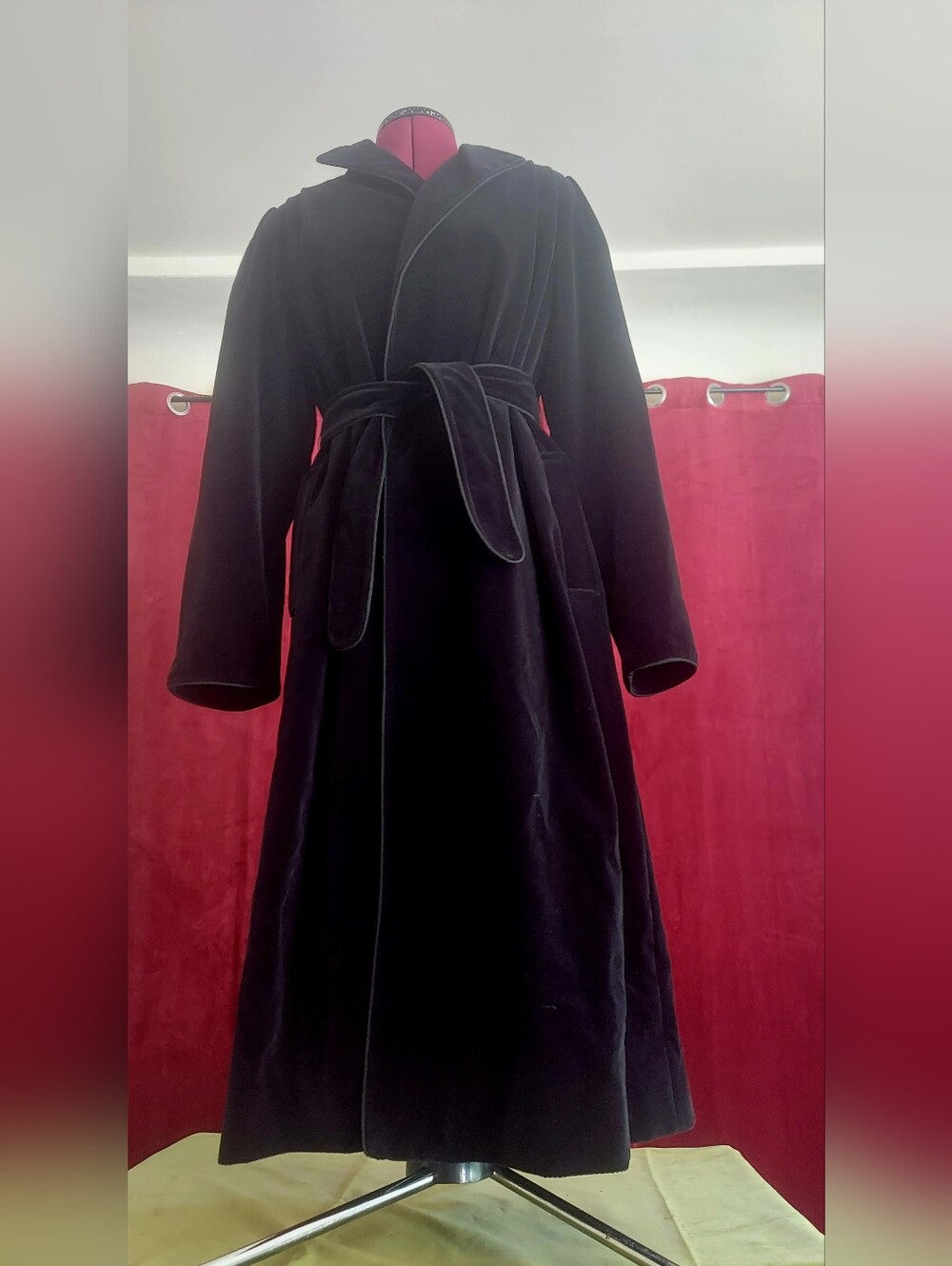 Vintage Union Made Glam Billina Black Velvet Wrap Trench Coat with Belt